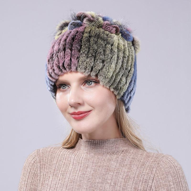New Rex Rabbit Hair Hat Women's Winter Thickened Warm Fashion Versatile Elastic Fur Woven Hand-sewn Knitted Hat
