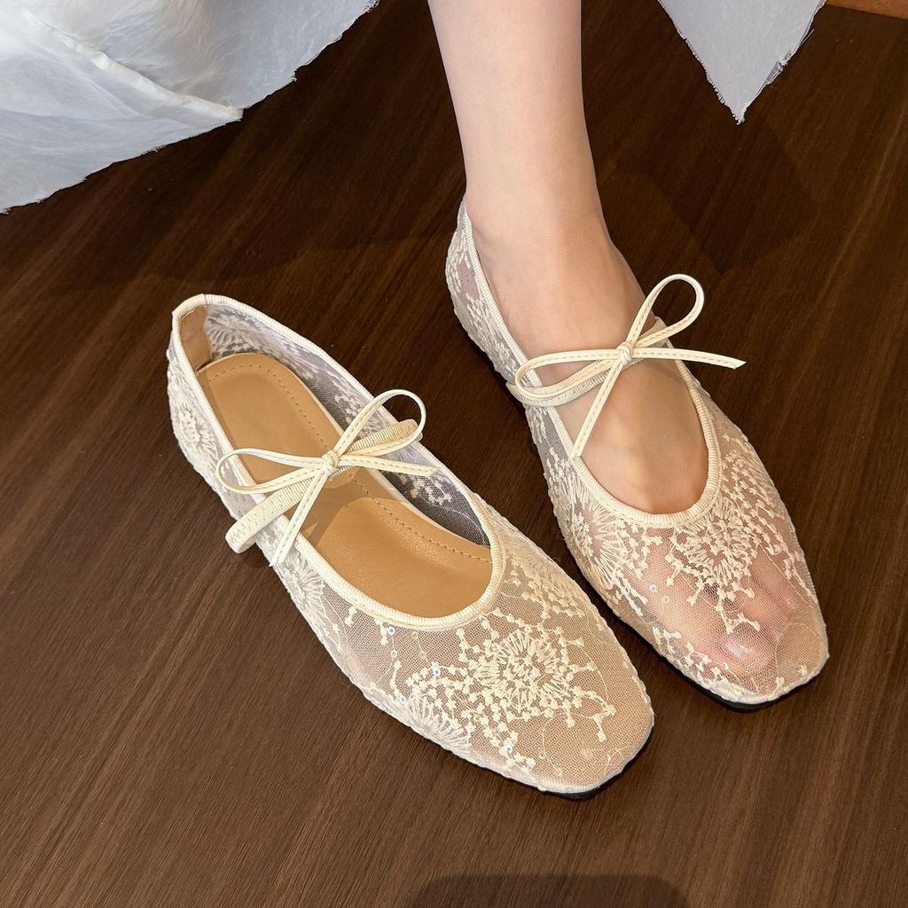 Spring Flower Fairy • White mesh bow single shoes women's inner height Mary Jane shoes