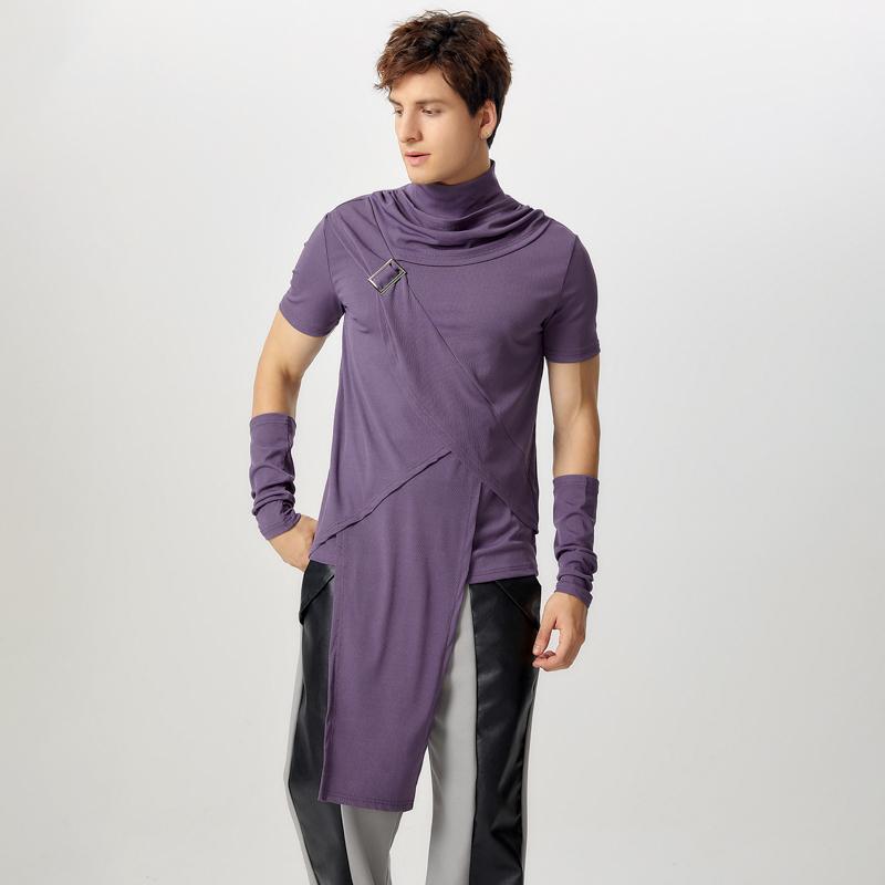 

INCERUN Men Turtleneck Oversleeve Casual Thin Rib Irregular Cross T-Shirts Tops 5XL фиолетовый