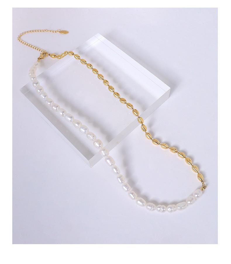 French-Style Retro Necklace: Oval Bead & Choker Spliced, 18k Gold Titanium Steel with Freshwater Pearls for Women