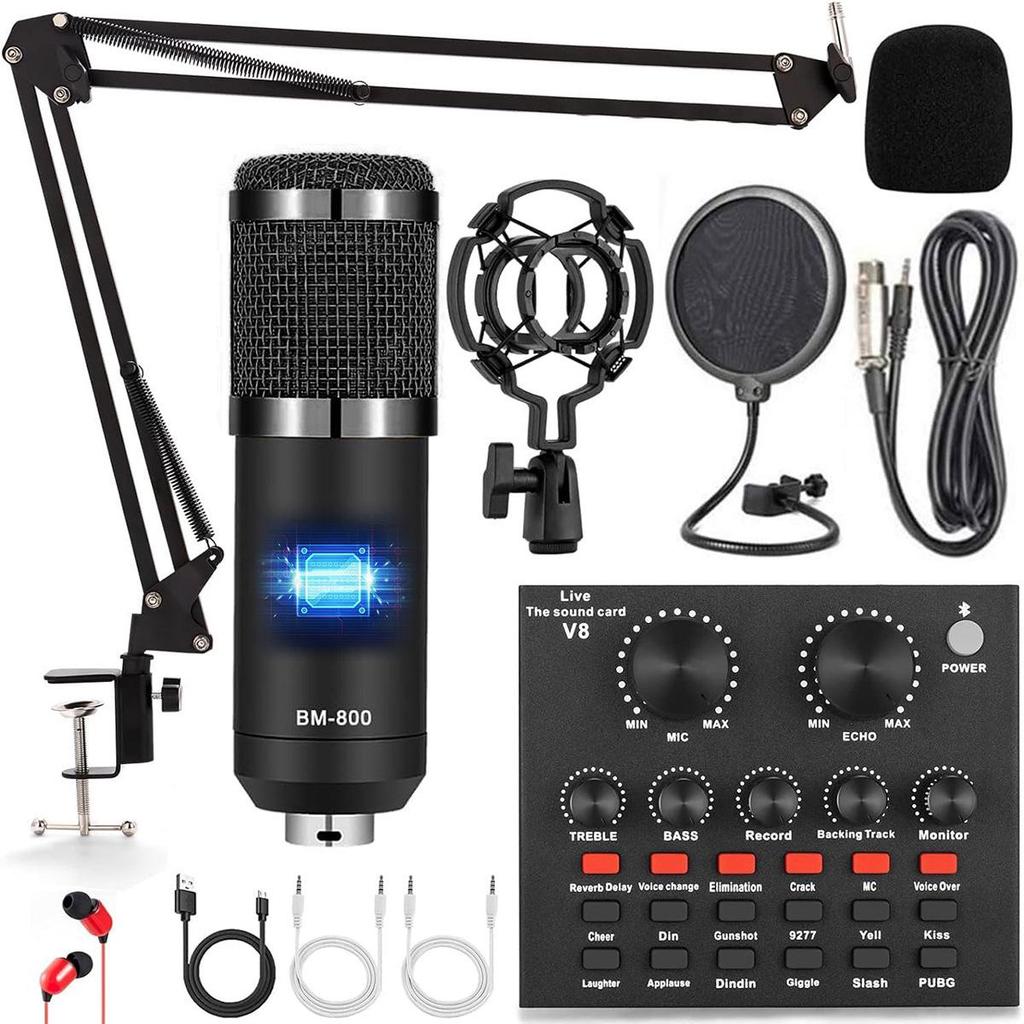 V8 Bluetooth Live Sound Card with BM-800 Microphone Compatibility for Mobile Phones