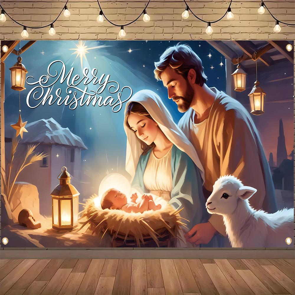 One 2D Flat Polyester Banner of "Merry Christmas" with a Scene of the Nativity of Jesus Suitable for Christmas Party Decoration