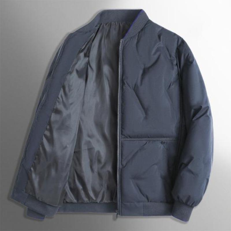 Men Baseball Jacket Stand Collar Long Sleeve Solid Color Zipper Placket Coat Thickened Down Cotton Outwear