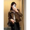 Womens Brown Faux Suede Short Cropped Blazer Jacket Chic Slim Fit Notched Collar Single Breasted