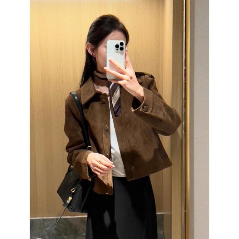 Womens Brown Faux Suede Short Cropped Blazer Jacket Chic Slim Fit Notched Collar Single Breasted