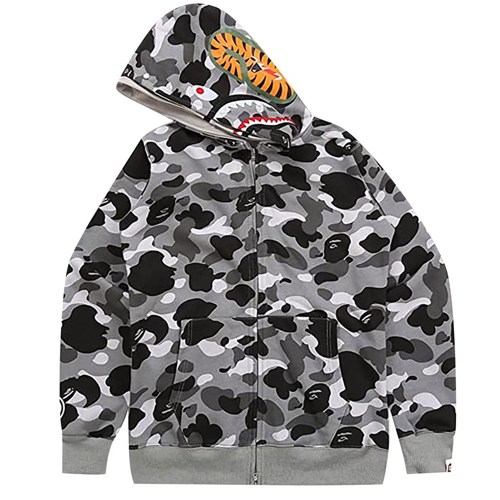 Japanese Style Shark Head Camouflage Zip Up Hoodie Full Zip Hooded Sweatshirt Casual Streetwear Fashion Outerwear for Men and Women
