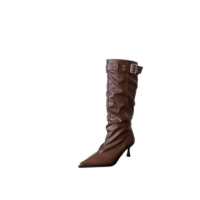 2027 European and American style belt buckle stack thin pointed thin heel boots
