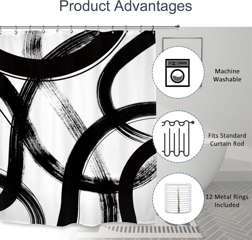 Modern Abstract Black White Brush Stroke Shower Curtain 72X72 Inches Minimalist Art Design Bathroom Decor For Home
