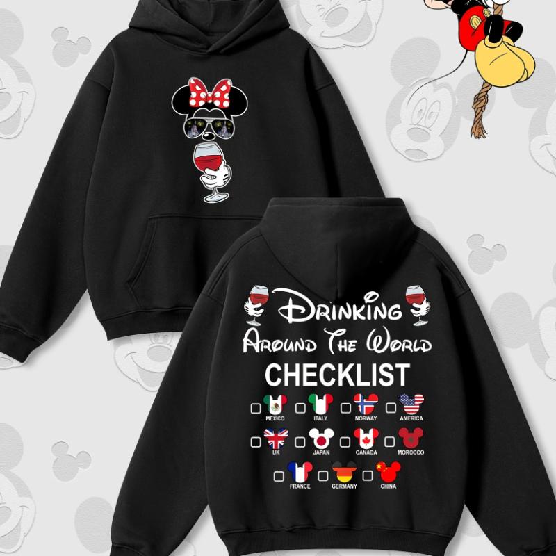 

Disney Minnie Mouse Around The World Wine List Hoodie - Men s and Women s Loose Style with Mickey Ears and Wine Glass Design 3XL
