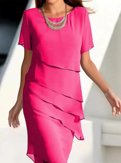Women's Solid Short Sleeve Chiffon Midi Dress Round Neck Ruffle Layered A Line Elegant Commuter Dress Summer Party Dress
