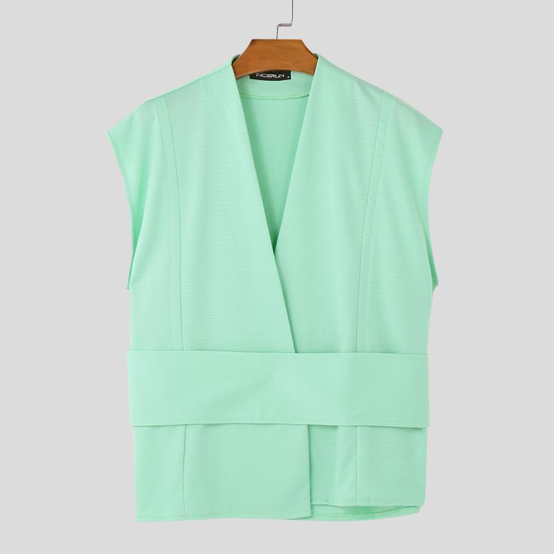 

INCERUN Мужские жилеты без рукавов с перекрестным кроем, повседневные жилеты с ремнем и текстурой на талии, пальто L зелёный