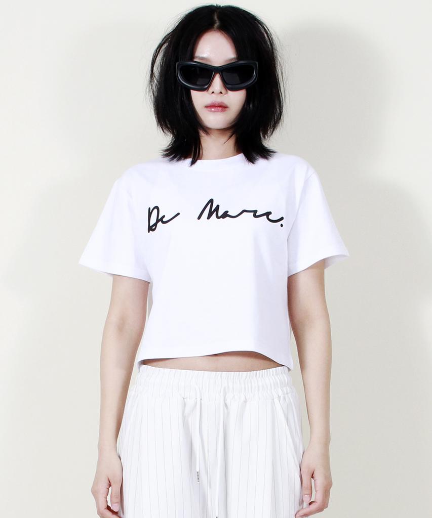 Deumakeu Rough Writing Text-Logo Crop T-Shirt White