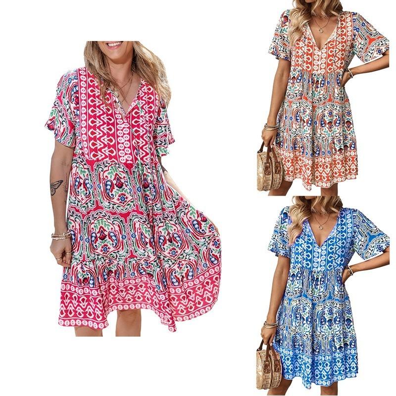 Summer V-neck Dress Women Boho Fashionable Loose Print Dress