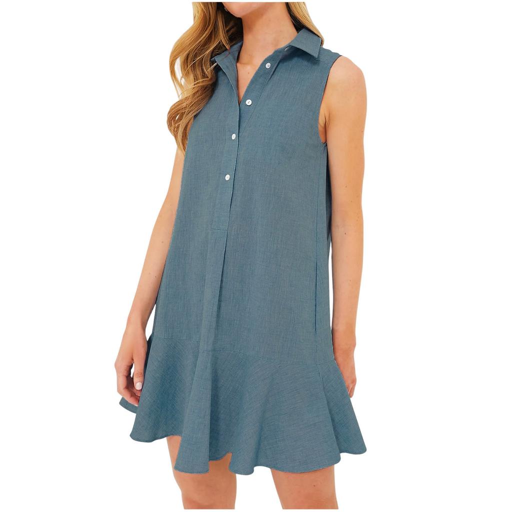 Women's Solided Lapel Sleeveless Nail Open Chest Pleated Ruffled Dress