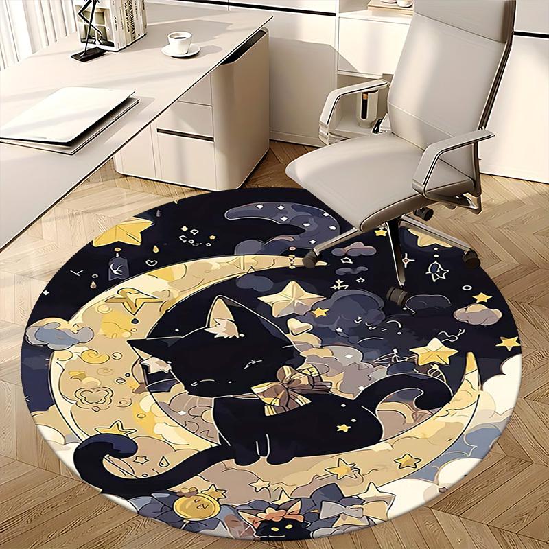 1pc Anime Design Black Cat Moon Starry Sky Round Carpet Office Chair Mat, Non Slip Rug for Home Decor, Living Room, Bedroom, Game Room, Festival Gift