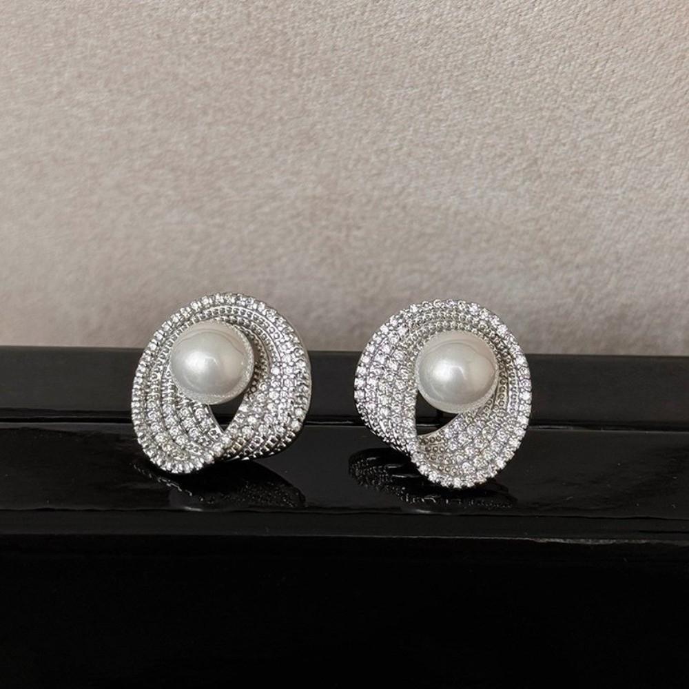 Light Luxury Pearl Stud Earrings Rhinestone Women Ear Jewelry Bright Pearl Ear Studs Girls