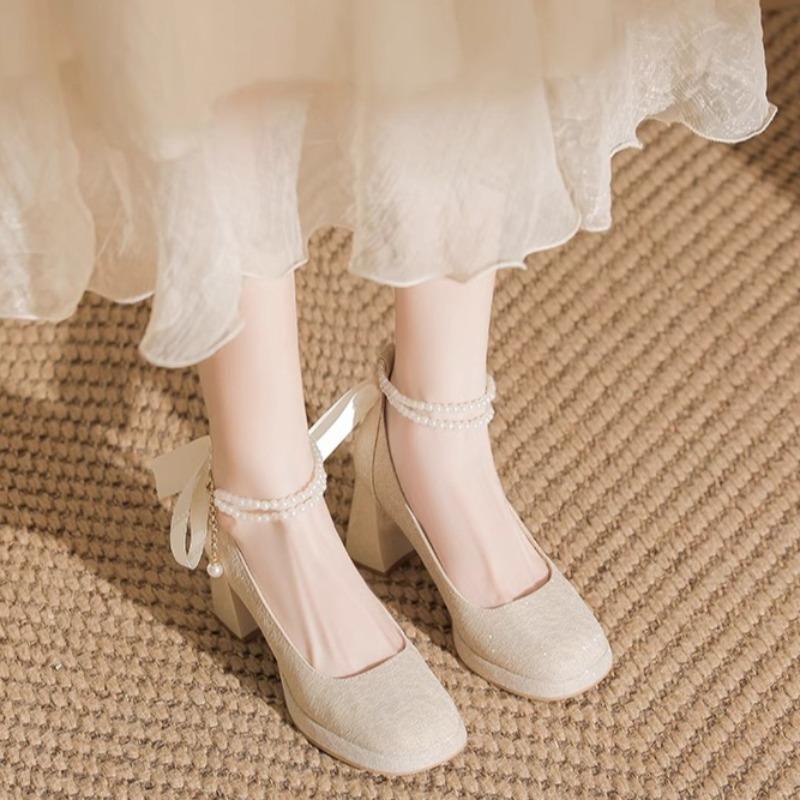Fashion Women's Chunky Single Shoes Spring New Square Head Shallow Mouth Sequin Bead Butterfly Knot Anti-slip Wear-resistant High Heels
