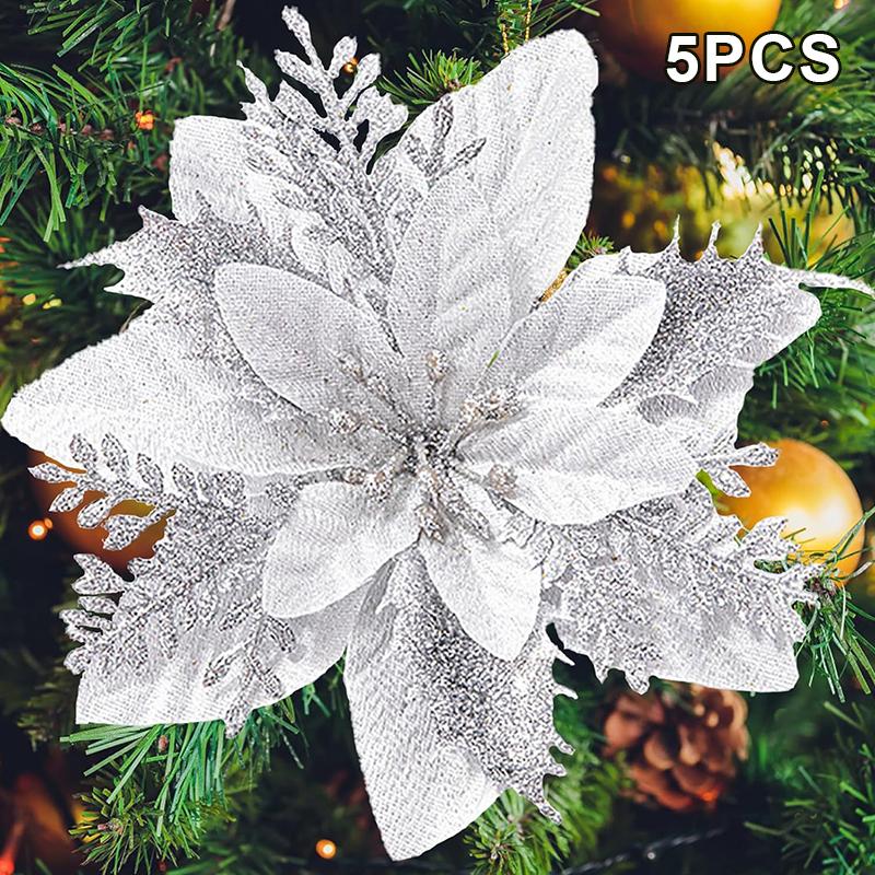 5PCS Christmas Golden Glitter 14cm Flower Christmas Tree Decoration Ornaments Color Glitter Home Party Decoration Supplies