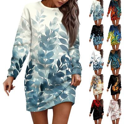 Vestido de manga larga para mujer, informal, con estampado de flores, estilo pulóver, estilo riñonera, para otoño