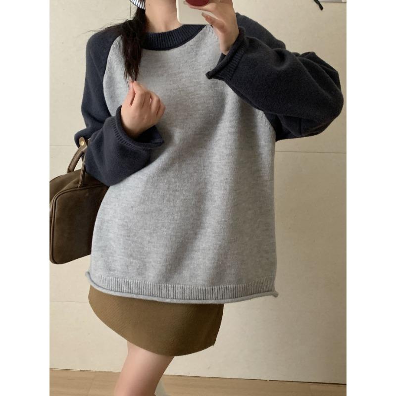 Autumn and winter new casual versatile raffle sleeves with sweater women's loose versatile color matching crew neck knitted sweater