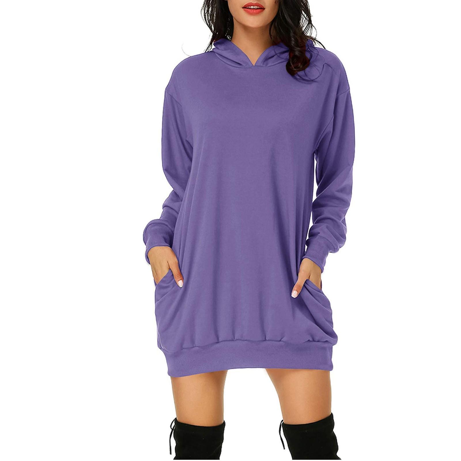 

Women s Sweatshirt Printed Dress Hoodie Bag Pocket Long Sleeve Dress Hoodie Solid Color Hoodie XXL фиолетовый