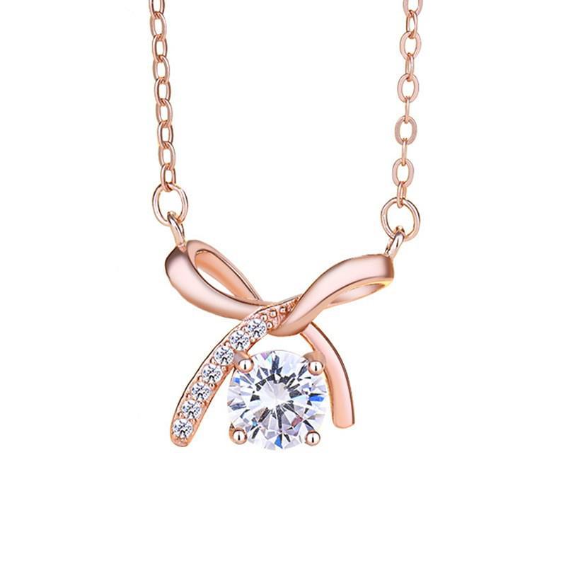 S925 Sterling Silver Bow Pendant Necklace - Women s Simple Luxury Zircon Clavicle Chain 925 Silver