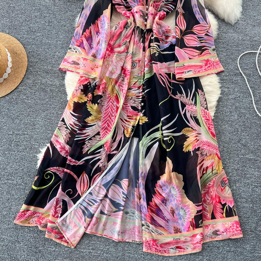 Spring Summer Bohemain Long Dress Women's V-Neck Flare Sleeve Floral Print Single Breasted High Waist A-Line Chiffon Vestidos