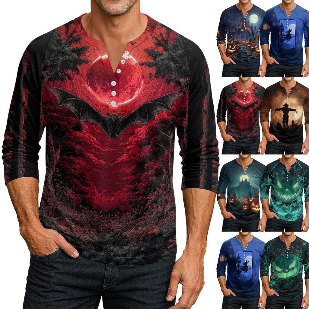 Men's Button-Down Contrast Raglan 3/4 Sleeve Top