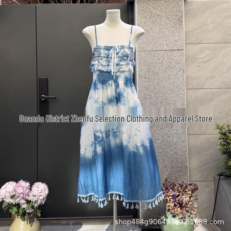 Indigo Hand-Dyed One-Shoulder Tassel Maxi Dress for Women One Size