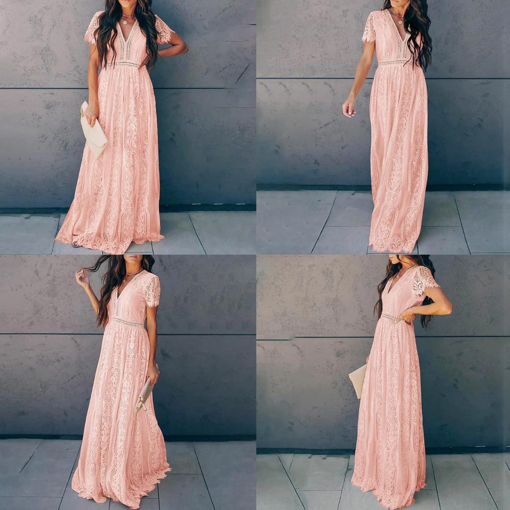 Summer New European American Style Women's Dress V-neck Short Sleeve Hollow Out Sexy Lace Trim Long Maxi Dress