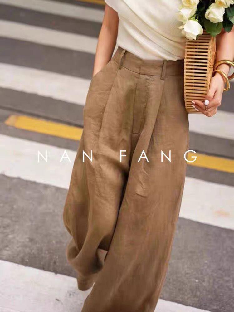CHAO-Level Recommendation: Women s Coffee-Colored High-Waisted Linen Wide-Leg Pants with Stylish Drapey Design Medium кофейный