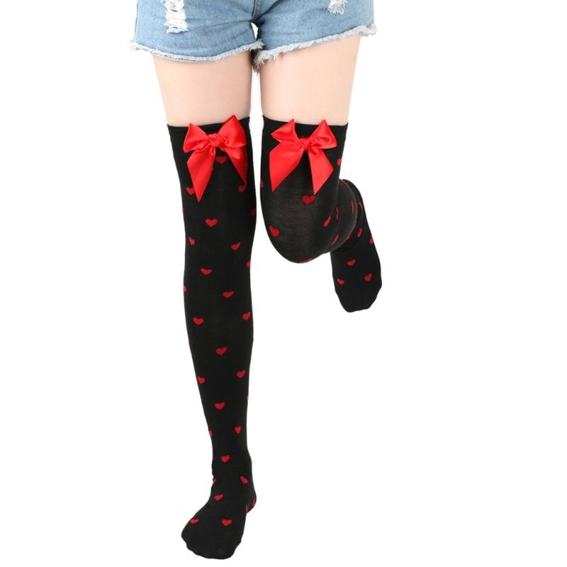 Valentines Day Over Knee Long Socks Cute Bowknots Lip Heart Pattern Thigh High Stockings for Women Parties Casual Wear