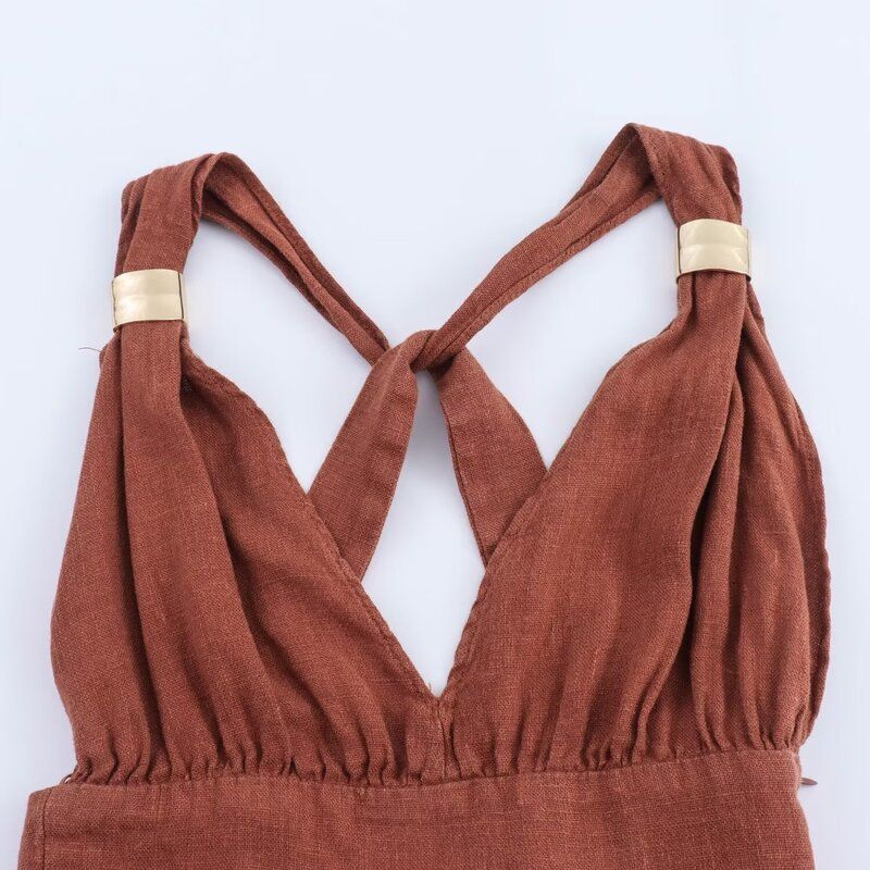 Fashion Style 2024 Autumn New Women's Clothing Halterneck Collar Linen Blended Mid Length Long Length Dress 8245978