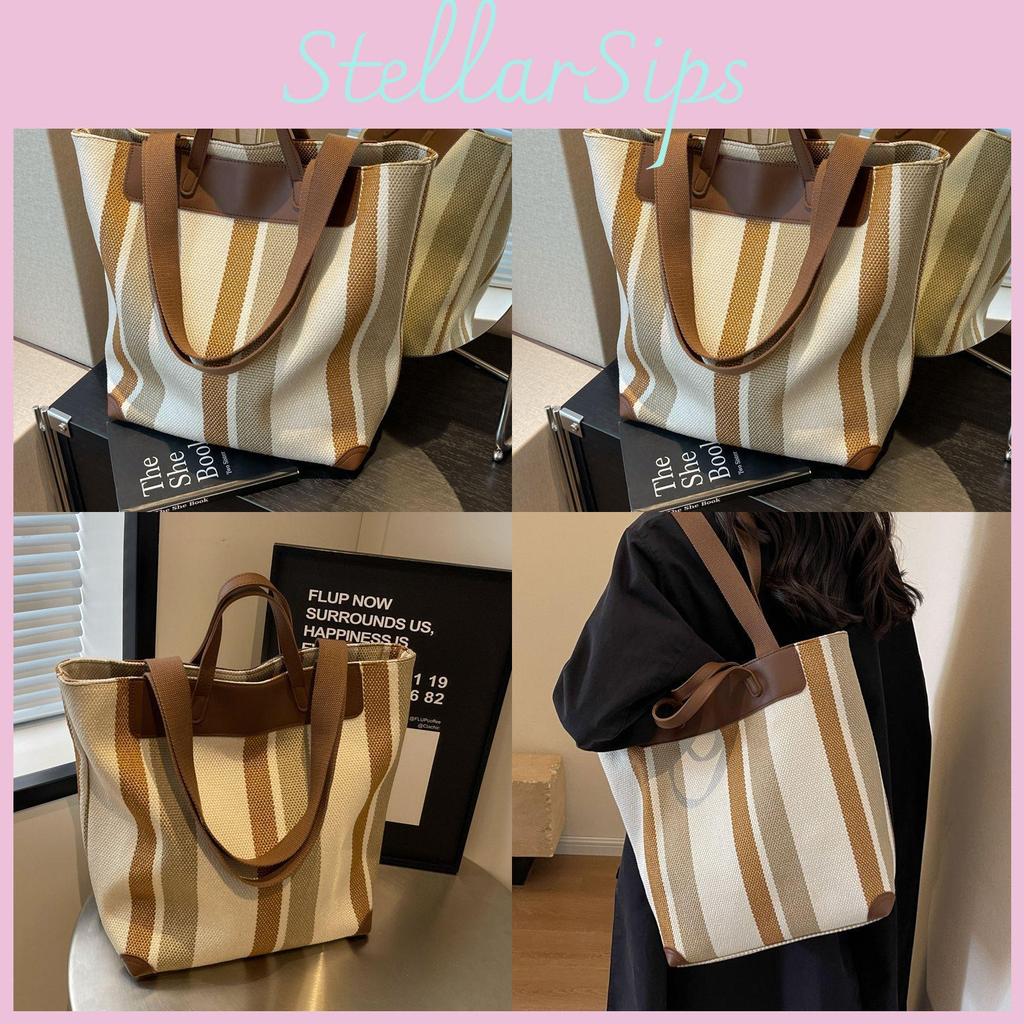 Large Capacity Unisex Striped Canvas Tote Bag For Summer Travel And Daily Use