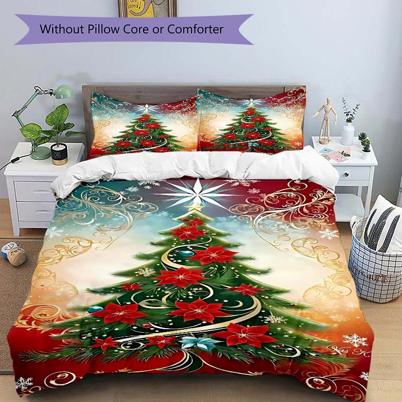 

3pcs Christmas Tree with Red Flowers Holiday Comforter Set Includes One Quilt Cover and Two Pillowcases (No Core) - Festive Decoration for Bedroom and 135x200cm
