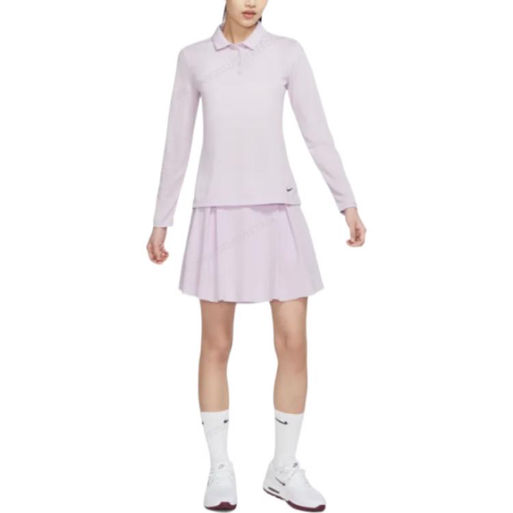 Nike Solid Color Logo Print Half Button Pullover Long Sleeve Polo Shirt Women Tops Pink Purple DH2317-530