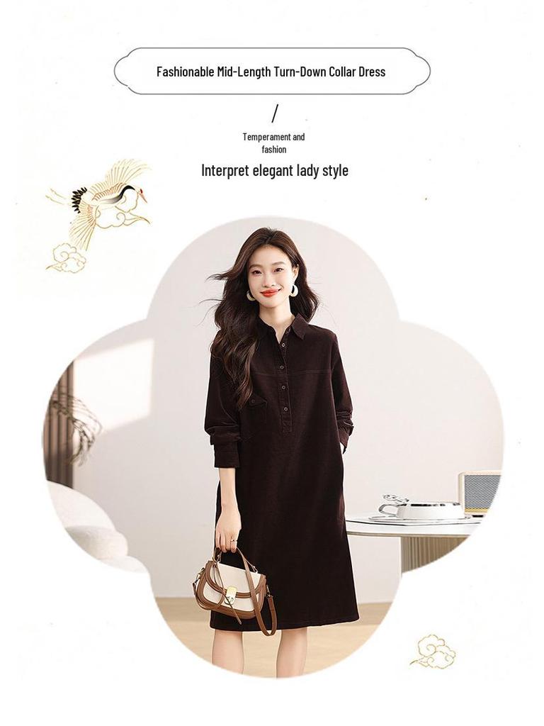 Women's Spring/Autumn Corduroy Long Sleeve Shirt Dress - Slimming, Age-Reducing Fit