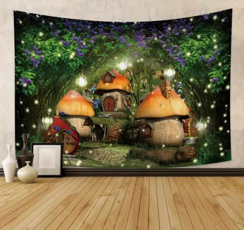 

Enchanted Forest Tapestry Whimsical Mushroom Fantasy Wall Art Large Nature Decor for a Magical Home 74x94cm(29x37in)