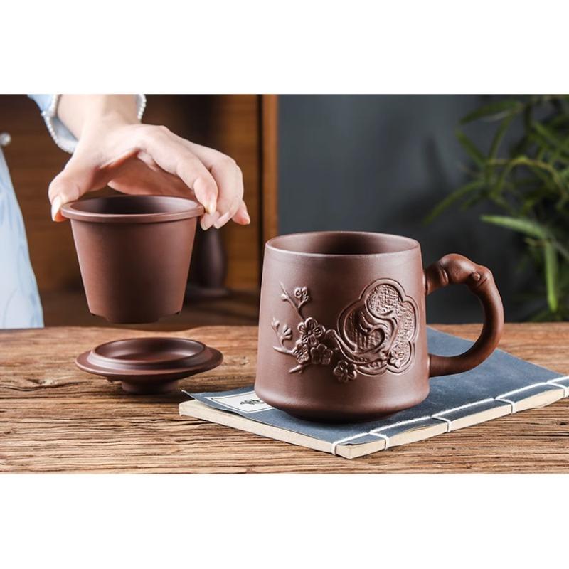 Retro Yixing Dragon Phenix Purple Clay Tea Mug with Lid and Infuser Handmade Ceramic Teacup Office Water Cup Gift Home Drinkware