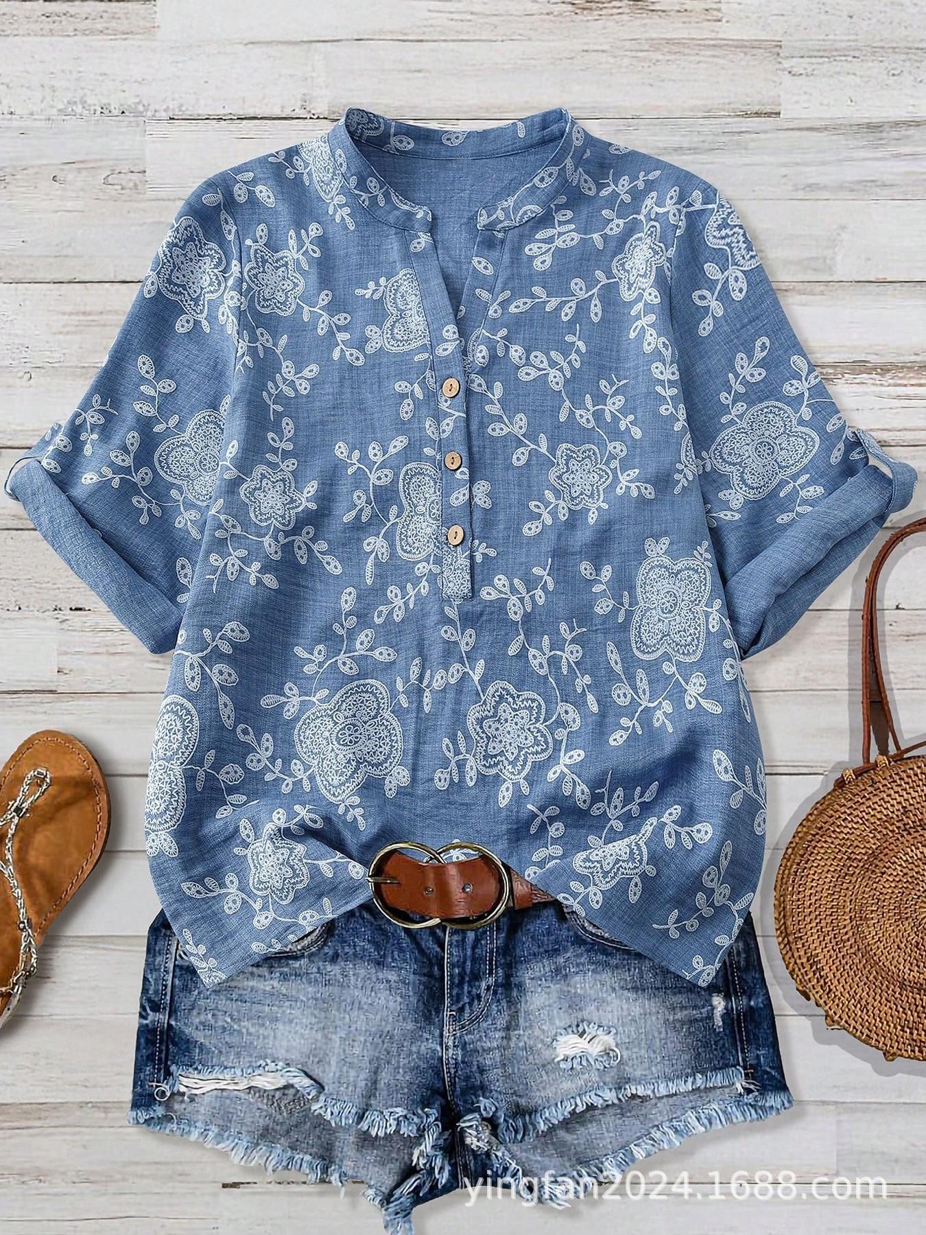 Summer 2026 Retro Twill Cotton Stand Collar Frog Button Versatile Women s Top 3XL