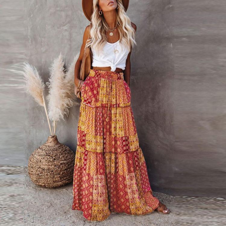 Saia Longa Estampada Boêmia Feminina Cintura Alta Elástico Solta Casual Moda Amarração na Cintura