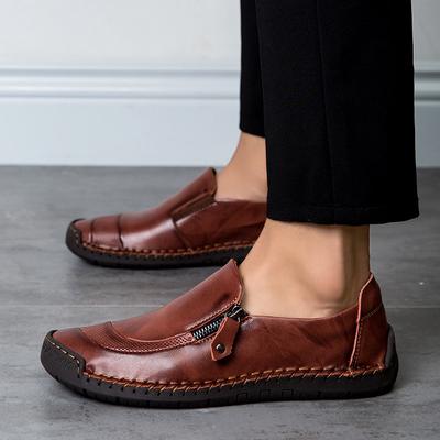 Large Size Men's Spring and Autumn Casual Single Shoes Fashionable Side Zipper Handmade Shoes Fashionable and Comfortable Driving Shoes Leather Shoes