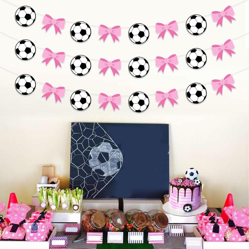 Jollyboom Soccer Gender Reveal Decoration, 3pcs Goals or Bows Gender Reveal Decoration Garland Soccer Ball Bow Banner Pre-Strung for Soccer Sport