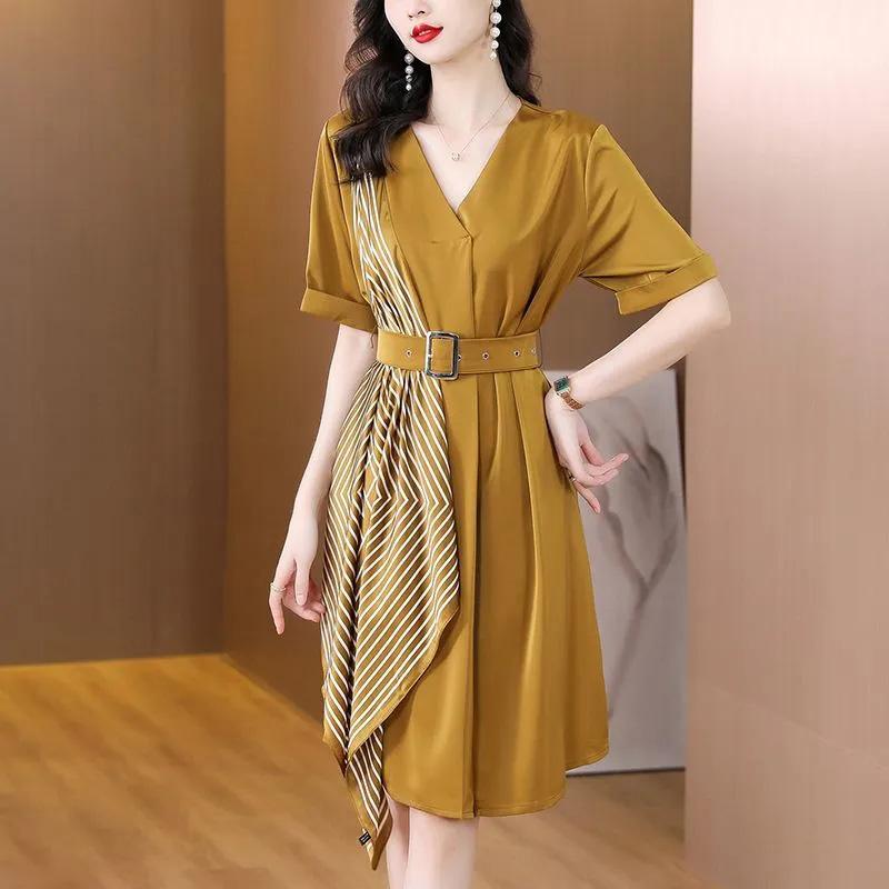 

Платье Женщины Лето Удобное и элегантное Длинное платье Темперамент Пригородное Тонкое Платье Шелковый Шарф Строчка Свободная Талия Платье