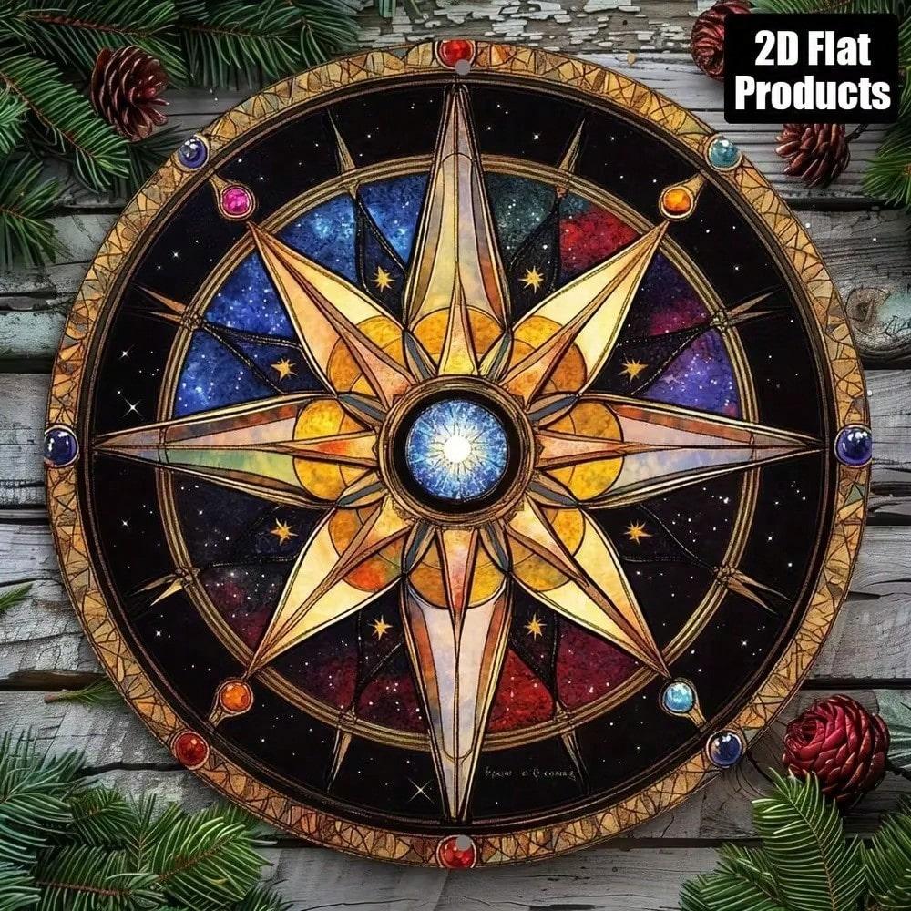 Boho Compass Rose Star Map Round Metal Sign Stained Glass Effect Wall Art Decor