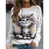 Digital Printed Pullovers Cartoon Cute Cat Autumn Winter Women's Round Neck Casual Long Sleeved Sweatshirt