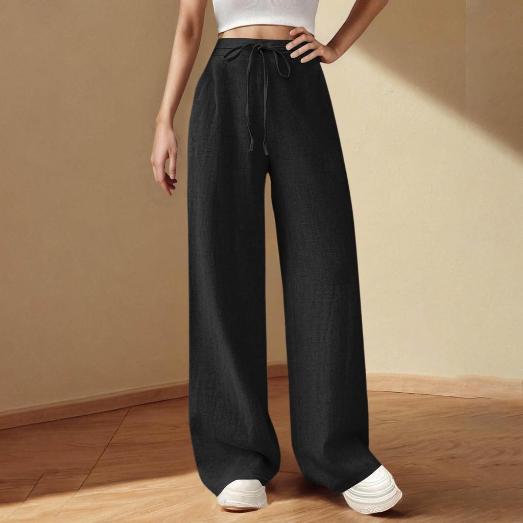 Damen Sommerhose mit elastischer Taille, einfarbig, lockere Hose aus Baumwolle und Leinen
