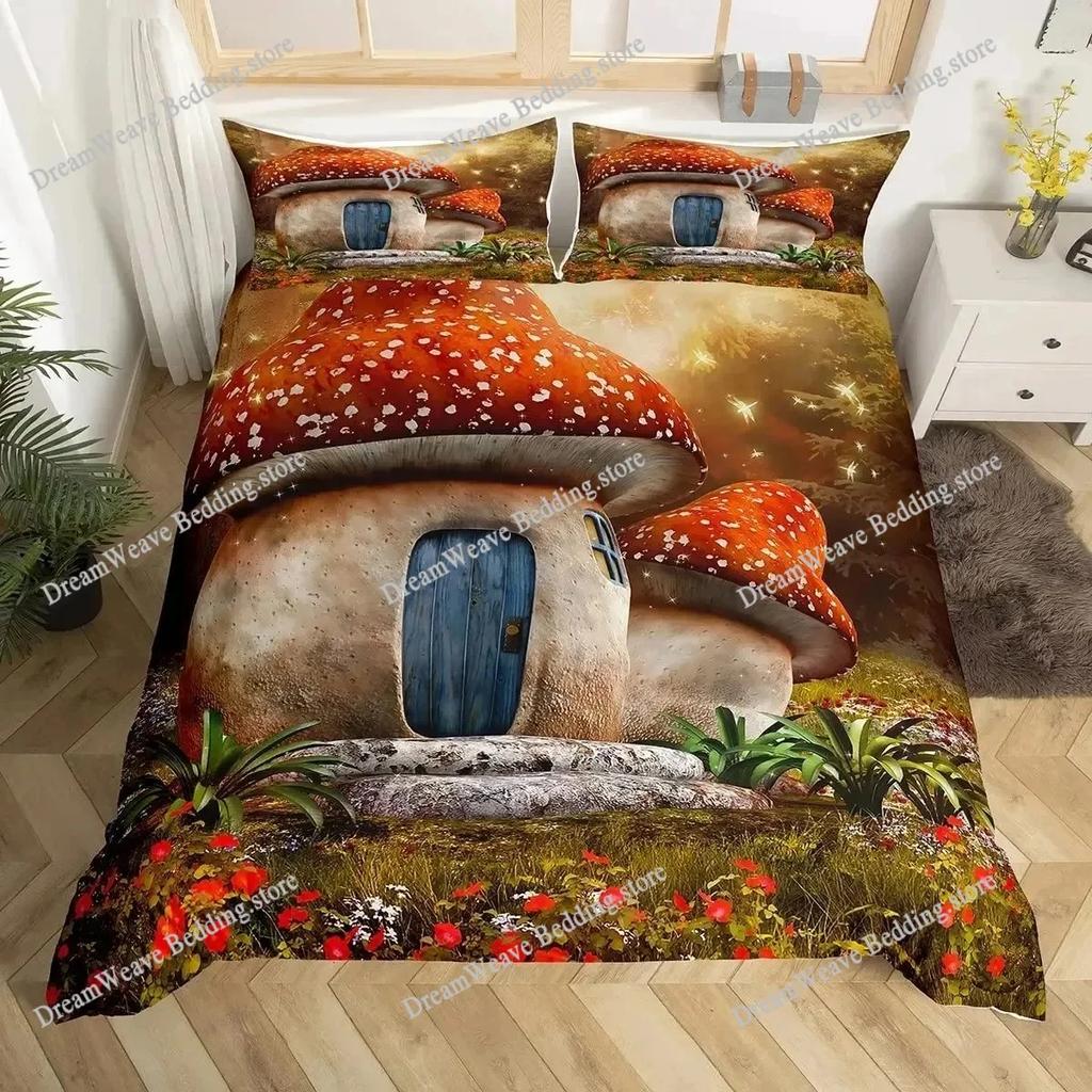 Cute Mushroom Bedding Set Single Twin Full Queen King Size Bed Set Aldult Kid Bedroom Duvetcover Sets Bed Sheet Set
