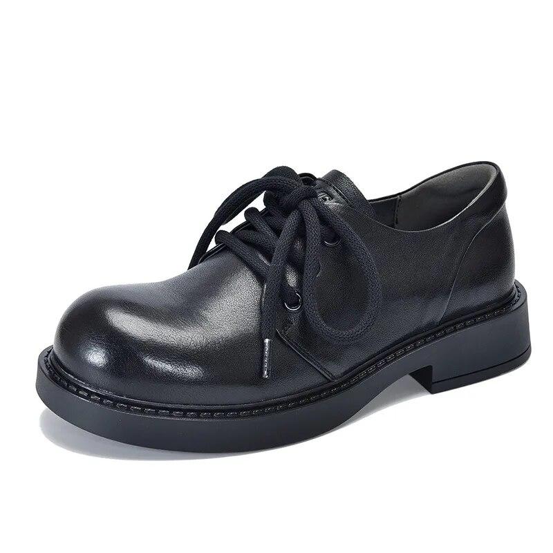 Johnature Low Heel Pumps Genuine Leather Lace-up Versatile Retro British Style Round Toe Women's Shoes