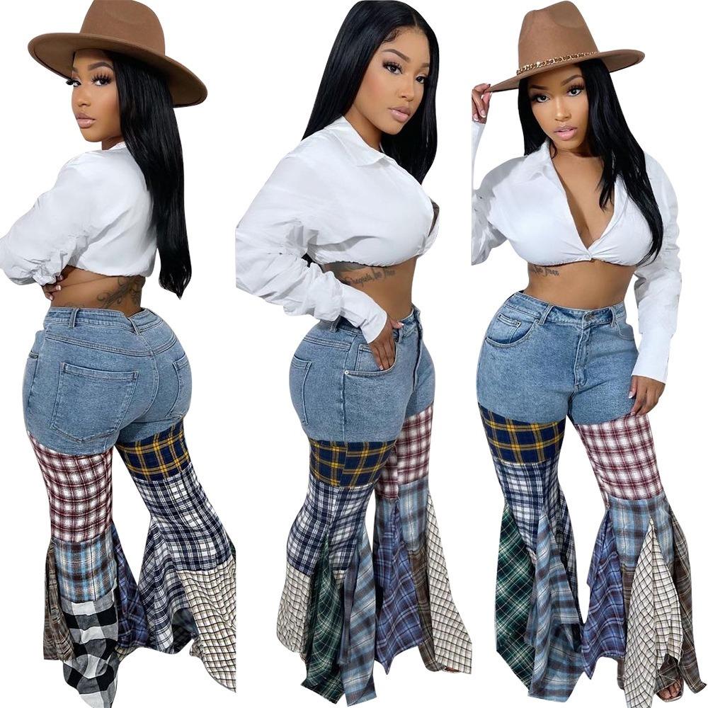 Women's Mid Rise Flared Jeans Medium Stretch Streetwear Multi Plaid Patchwork Ruffled Hem Ice Washed Denim Bell Bottom Trousers